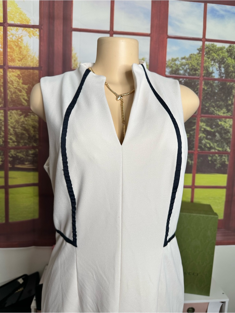 Donna Morgan White Midi Sheath Dress with Black Trim - Picture 2 of 4